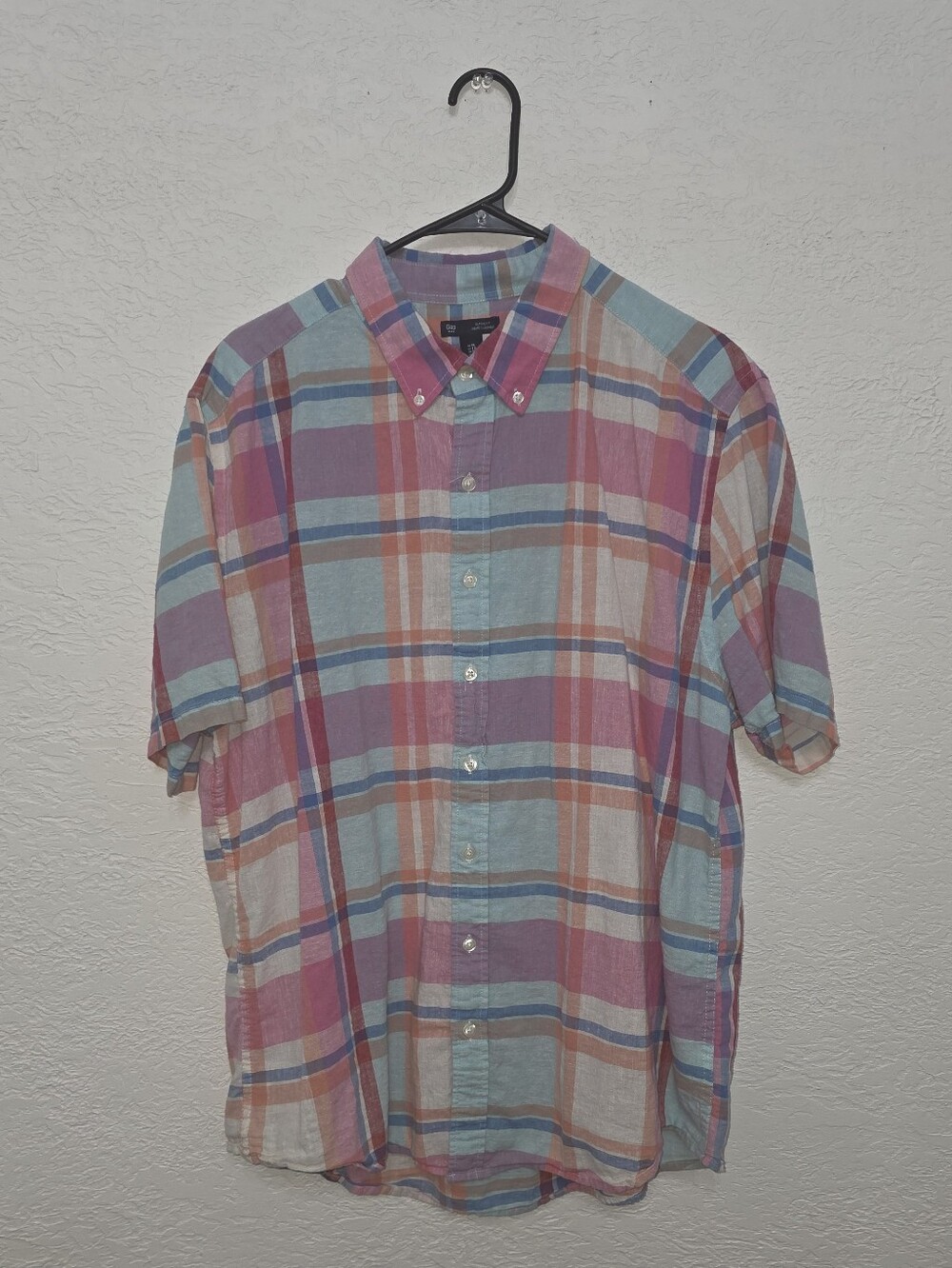 GAP Classic Button Down Plaid Short Sleeve Shirt Pink & Blue XL